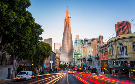 simsearch:841-07653114,k - View of Transamerica Pyramid building on Columbus Avenue and car trail lights, San Francisco, California, United States of America, North America Stock Photo - Rights-Managed, Code: 841-09204974