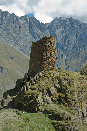 simsearch:841-03676615,k - Tourists trekking by a tower near the Gergeti Holy Trinity Church by the river Chkheri, under Mount Kazbegi at an elevation of 2170 meters in the Caucasus, Georgia, Central Asia, Asia Stock Photo - Rights-Managed, Code: 841-09229634