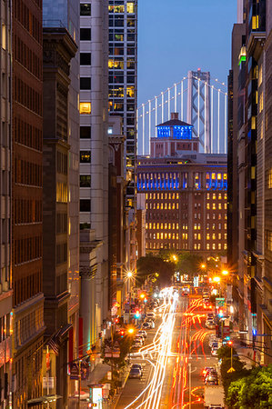 simsearch:841-06031845,k - View of California Street and Oakland Bay Bridge at dusk, San Francisco, California, United States of America, North America Stock Photo - Rights-Managed, Code: 841-09230055