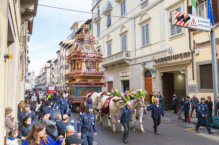 An ornate Ox cart for the Explosion of the Cart festival (Scoppio del Carro) where on Easter Sunday a cart of pyrotechnics is lit, Florence, Tuscany, Italy, Europe Stock Photo - Rights-Managed, Code: 841-09256818