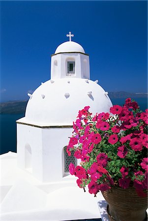 flowers greece - Greek Orthodox church in Fira, island of Santorini (Thira), Cyclades, Greece, Europe Stock Photo - Rights-Managed, Code: 841-02706309