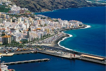 Aerial view of Santa Cruz de la Palma and harbour, Santa Cruz de la Palma, La Palma, Canary Islands, Spain, Atlantic, Europe Stock Photo - Rights-Managed, Code: 841-02715018