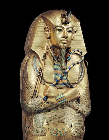 photography casket - Mummiform coffin of gold with inlaid semi-precious stones and glass-paste, from the tomb of the pharoah Tutankhamun, discovered in the Valey of the Kings, Thebes, Egypt, North Africa, Africa Stock Photo - Rights-Managed, Code: 841-02717830