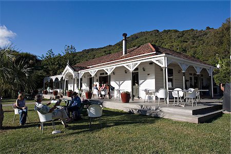 Furneaux Lodge, hotel and restaurant, Marlborough Sounds, South Island, New Zealand, Pacific Stock Photo - Rights-Managed, Code: 841-02718710