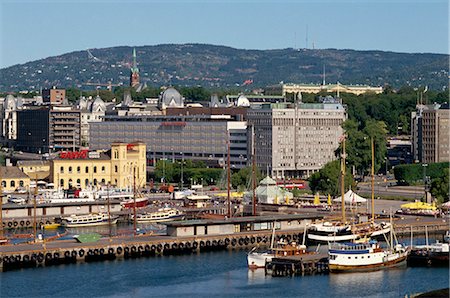 simsearch:841-02831984,k - Aerial view over the harbour, including the Royal Palace and the ski slope at Holmenkollen on the hill in the distance, Oslo, Norway, Scandinavia, Europe Stock Photo - Rights-Managed, Code: 841-02832213