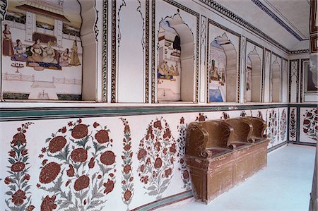 rajput furniture - Narrow painted veranda with deep niches and carved stone chair assemblage, Kuchaman Fort, Rajasthan state, India, Asia Stock Photo - Rights-Managed, Code: 841-02900513