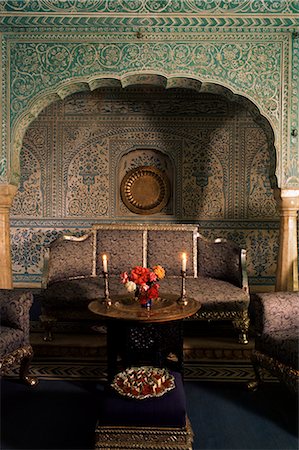 rajput furniture - Seating area in an ante-room to the Grand Durbar Hall, with silver furniture originally from Nepal, Samode Palace, Samode, Rajasthan state, India, Asia Stock Photo - Rights-Managed, Code: 841-02900532