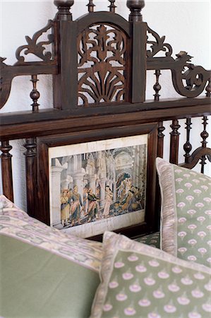 Detail of colonial style bed, with inset of 19th century print of courtly scene, residential home, Dehra Dun, Himalayan foot hills, Uttar Pradesh state, India, Asia Stock Photo - Rights-Managed, Code: 841-02900546