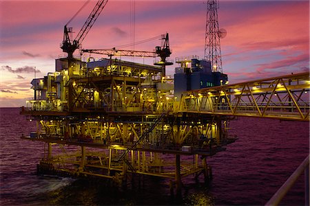 Oil rig illuminated at dusk, Gulf of Thailand, Thailand, Southeast Asia, Asia Stock Photo - Rights-Managed, Code: 841-02902522