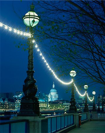 South Bank street lamps and city skyline, including St.Paul's Cathedral, illuminated at night, seen from across the Thames, London, England, United Kingdom, Europe Stock Photo - Rights-Managed, Code: 841-02944349