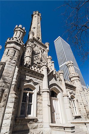 Chicago Water Tower in foreground, Hancock Building in background, Chicago, Illinois, United States of America, North America Stock Photo - Rights-Managed, Code: 841-02990935