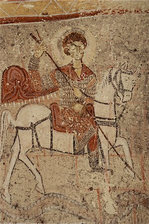 Close-up of wall painting (fresco) of St. George, St. Barbara Church, Goreme Open Air Museum, Goreme, UNESCO World Heritage Site, Cappadocia, Anatolia, Turkey, Asia Minor, Asia Stock Photo - Rights-Managed, Code: 841-03033379