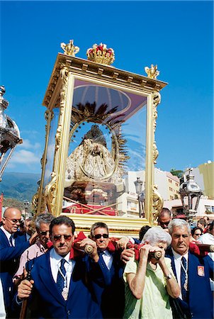 The Descent of Our Lady of Snows shrine carried through the streets during religious festival, Santa Cruz de la Palma, La Palma, Canary Islands, Spain, Atlantic, Europe Stock Photo - Rights-Managed, Code: 841-03033791