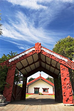 Entrance to a Maori meeting hall, Te Poho-o-Rawiri Meeting House, one of the largest marae in N.Z., Gisborne, North Island, New Zealand, Pacific Stock Photo - Rights-Managed, Code: 841-03062338
