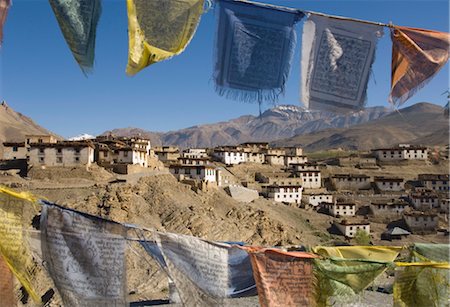 View of the village of Kibber, 4205 m, through traditional prayer flags, Spiti, Himachal Pradesh, India, Asia Stock Photo - Rights-Managed, Code: 841-03489709