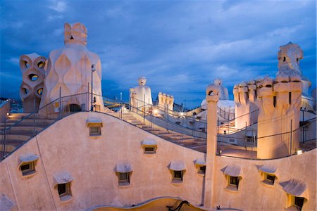Chimneys and rooftop, Casa Mila, La Pedrera in the evening, Barcelona, Catalonia, Spain, Europe Stock Photo - Rights-Managed, Code: 841-03502575