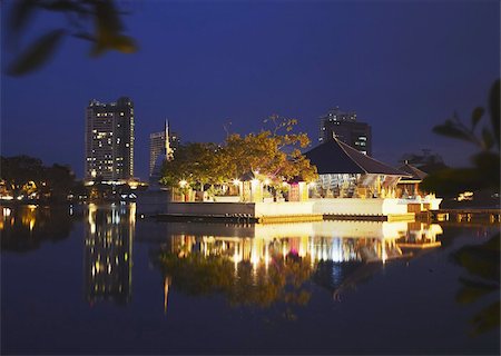 Seema Malakaya Temple on Beira Lake at dusk, Cinnamon Gardens, Colombo, Sri Lanka, Asia Stock Photo - Rights-Managed, Code: 841-03675226