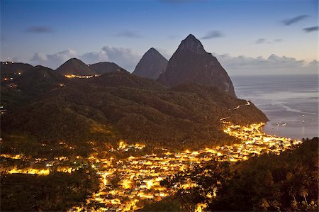 The Pitons and Soufriere at night, St. Lucia, Windward Islands, West Indies, Caribbean, Central America Stock Photo - Rights-Managed, Code: 841-03677190