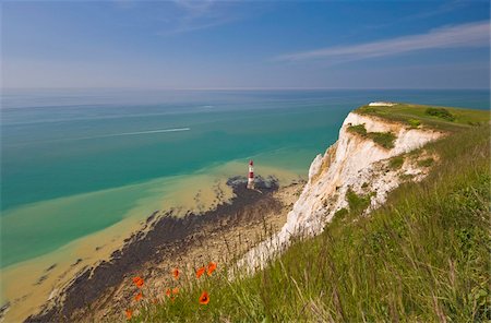 Beachy Head lighthouse, white chalk cliffs, poppies and English Channel, East Sussex, England, United Kingdom, Europe Stock Photo - Rights-Managed, Code: 841-03868207