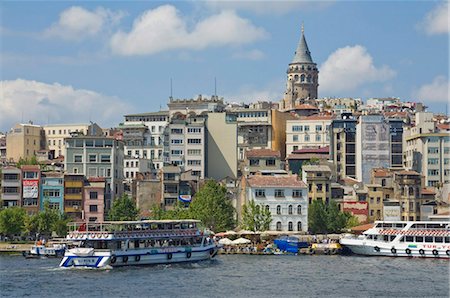 The Galeta tower (Galeta Kulesi) , a former watchtower built in 1348, Beyoglu district, with a ferry crossing the Golden Horn, central Istanbul, Turkey, Europe Stock Photo - Rights-Managed, Code: 841-03868225