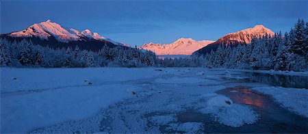 simsearch:854-03846022,k - Panoramic view of alpenglow on the Coast Mountains and Mendenhall River in the foreground, Tongass National Forest, Southeast Alaska, Winter Stock Photo - Rights-Managed, Code: 854-05974198