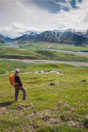 simsearch:693-06667811,k - A Senior Male Hiker Stands On The Mountain Side Looking Down At The Eielson Visitor's Center In Denali National Park; Alaska United States Of America Stock Photo - Rights-Managed, Code: 854-08028071