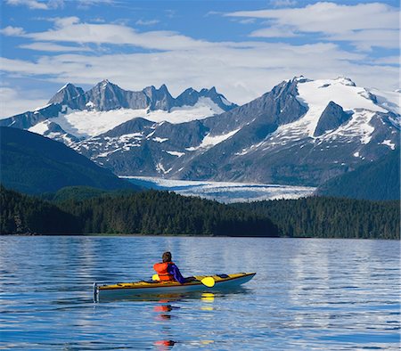 simsearch:854-02955238,k - Sea kayaker in Inside Passage near Juneau viewing Mendenhall Glacier Coast Mtns Southeast AK Summer Stock Photo - Rights-Managed, Code: 854-02955150