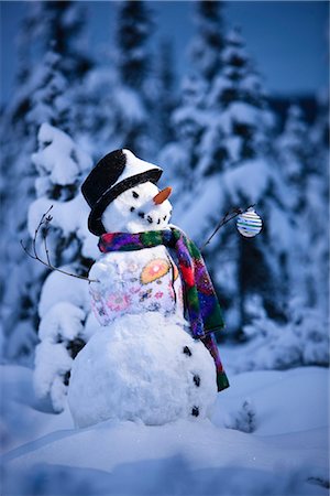 simsearch:854-02956132,k - Snowman with colorful scarf and vest wearing a black top hat standing in snow covered spruce forest near Fairbanks, Alaska in Winter Foto de stock - Con derechos protegidos, Código: 854-02955845