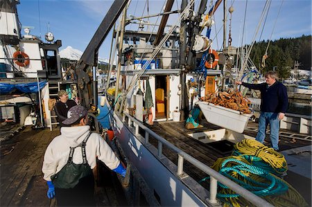 King Crab being unloaded in the harbor for transport to a processing plant and then on to markets nation wide, Juneau, Alaska. Stock Photo - Rights-Managed, Code: 854-03362224