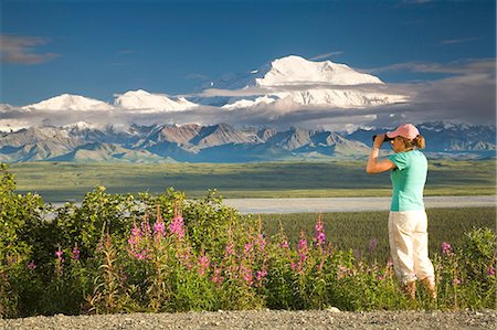 simsearch:854-03538162,k - Young woman tourist views Mt.McKinley and the Alaska Range in Denali National Park Alaska summer Stock Photo - Rights-Managed, Code: 854-03538133