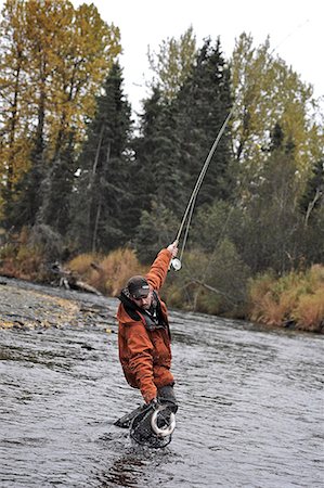 Fly fisherman netting a Dolly Varden char on Deep Creek, Kenai Peninsula, Southcentral Alaska, Autumn Foto de stock - Con derechos protegidos, Código: 854-03739515