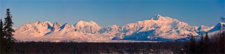 simsearch:400-04636750,k - Panoramic view of southside Mount McKinley at dawn as seen from the Denali State Park Viewpoint South along the George Parks Highway, Denali State Park, Southcentral Alaska, Spring Stock Photo - Rights-Managed, Code: 854-03739945