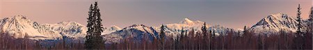 simsearch:854-03846021,k - Panoramic view of sunrise over southside Mount McKinley and the Alaska Range, Denali State Park, Southcentral Alaska, Spring Stock Photo - Rights-Managed, Code: 854-03739946