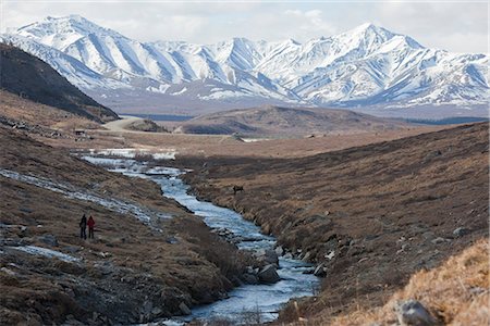 simsearch:854-03846021,k - Female moose stands beside Savage River with two hikers on the opposite side watching and the Alaska Range in the background, Denali National Park and Preserve, Interior Alaska, Spring Stock Photo - Rights-Managed, Code: 854-03740189