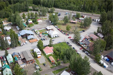 Aerial view of downtown Talkeetna, Southcentral Alaska, Summer Stock Photo - Rights-Managed, Code: 854-03740237