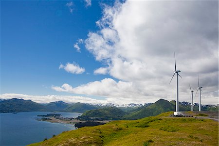 Wind turbines on Pillar Mountain for the Pillar Mountain Wind Project, operated and owned by the Kodiak Electric Association, Kodiak Island, Southwest Alaska, Summer Stock Photo - Rights-Managed, Code: 854-03845231