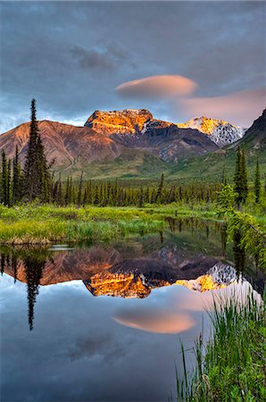 park without people - Reflection of Skookum Volcano in a pond near Nabesna Road at sunset in Wrangell St. Ellias National Park, Southcentral Alaska, Summer Stock Photo - Rights-Managed, Code: 854-03845547