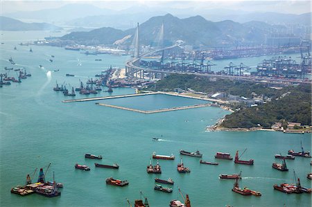 Panoramic sweep of Stonecutters Bridge and Kwai Chung container terminal from Sky100, 393 metres above sea level, Hong Kong Stock Photo - Rights-Managed, Code: 855-06314151