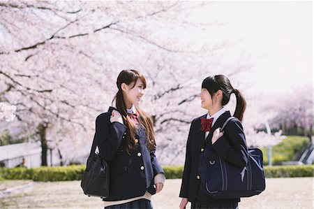 simsearch:614-02984826,k - Japanese schoolgirls in their uniforms with cherry blossoms in the background Stock Photo - Rights-Managed, Code: 859-06404849