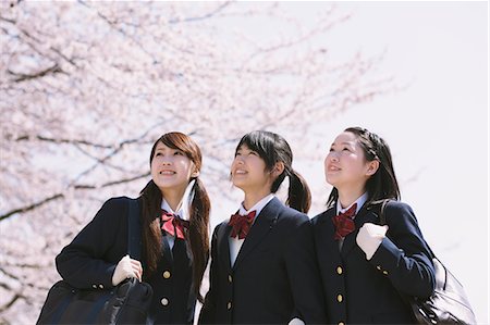 simsearch:614-02984826,k - Japanese schoolgirls in their uniforms with cherry blossoms in the background Stock Photo - Rights-Managed, Code: 859-06404852