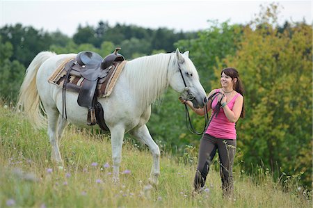 reins - Smiling teenage girl with horse on meadow Stock Photo - Rights-Managed, Code: 853-06306116