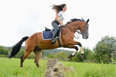 pictures of people with brunette hair riding horses - Teenage girl jumping with a Mecklenburger horse on a paddock Stock Photo - Rights-Managed, Code: 853-07241788