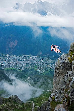 extremism - Europe, France, Haute Savoie, Rhone Alps, Chamonix Valley, base jumper at Brevant Stock Photo - Rights-Managed, Code: 862-06825467