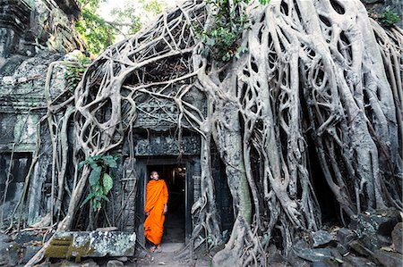 Cambodia, Siem Reap, Angkor Wat complex. Buddhist monk inside Ta Prohm temple (MR) Stock Photo - Rights-Managed, Code: 862-07909511