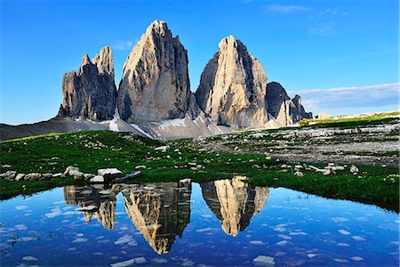 sexten dolomites - North walls of the Three Peaks reflected in a large puddle, Sexten Dolomites, Alta Pusteria, South Tyrol, Italy Stock Photo - Rights-Managed, Code: 862-08090515