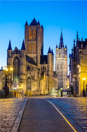 flemish - Belgium, Flanders, Ghent (Gent). Sint-Niklaaskerk (Saint Nicholas' Church) and Het Belfort van Gent, 14th century belfry, at night from St. Michael's Bridge. Stock Photo - Rights-Managed, Code: 862-08698693