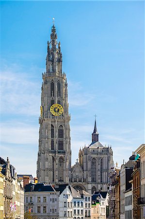 flemish - Belgium, Flanders, Antwerp (Antwerpen). Tower of Onze-Lieve-Vrouwekathedraal (Cathedral of Our Lady) from Suikerrui. Stock Photo - Rights-Managed, Code: 862-08698713