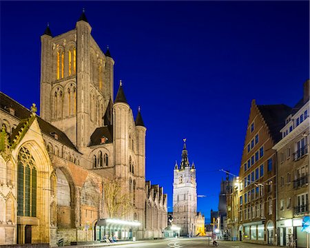 flemish - Belgium, Flanders, Ghent (Gent). Sint-Niklaaskerk (Saint Nicholas' Church) and Het Belfort van Gent, 14th century belfy, at night. Stock Photo - Rights-Managed, Code: 862-08698722