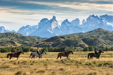 South America, Patagonia, Chile, Torres del Paine National Park, people on horseback in front of the Andes Stock Photo - Rights-Managed, Code: 862-08698772