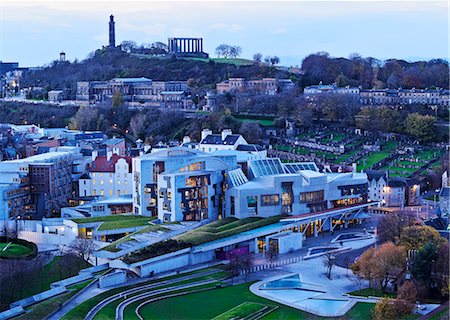 simsearch:700-01538925,k - UK, Scotland, Lothian, Edinburgh, Twilight view of the Scottish Parliament Building and the Calton Hill. Stock Photo - Rights-Managed, Code: 862-08699834